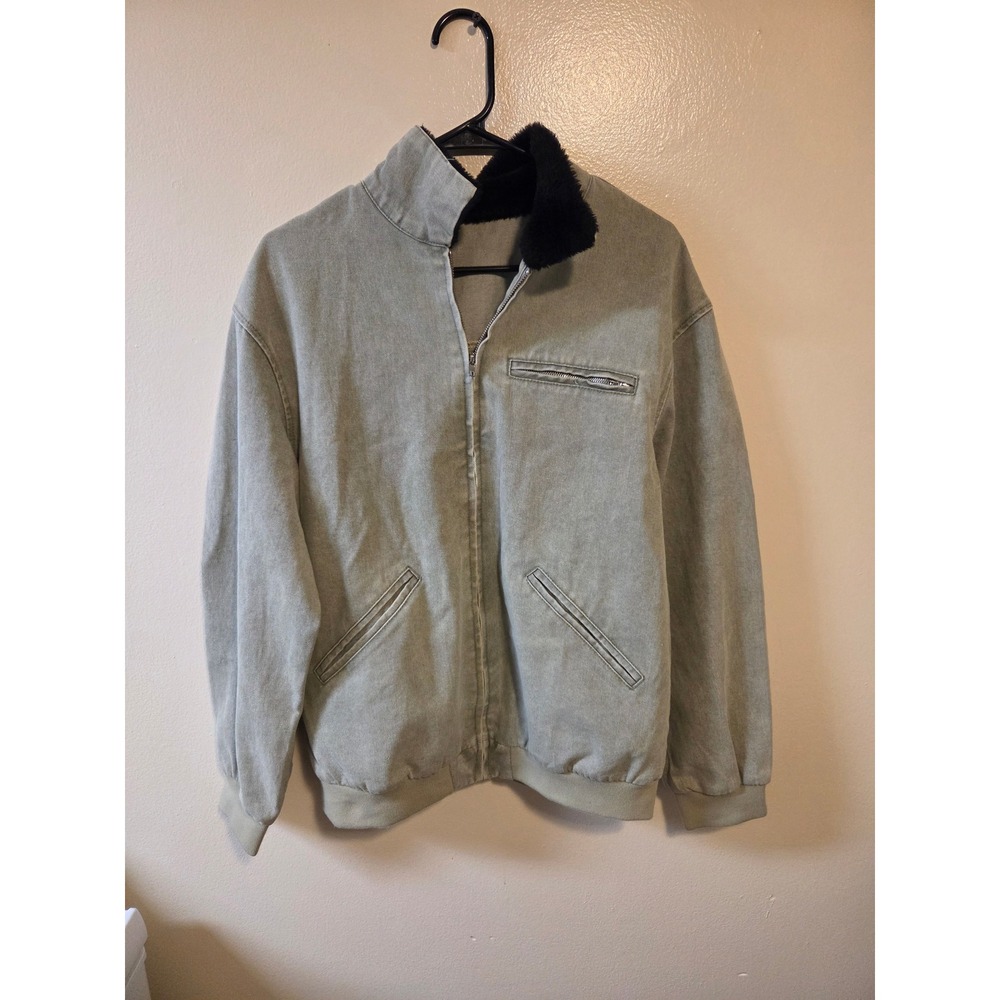 Manfinity Mens Sage Green Zip Up Bomber Jacket Faux Fur Collar Small